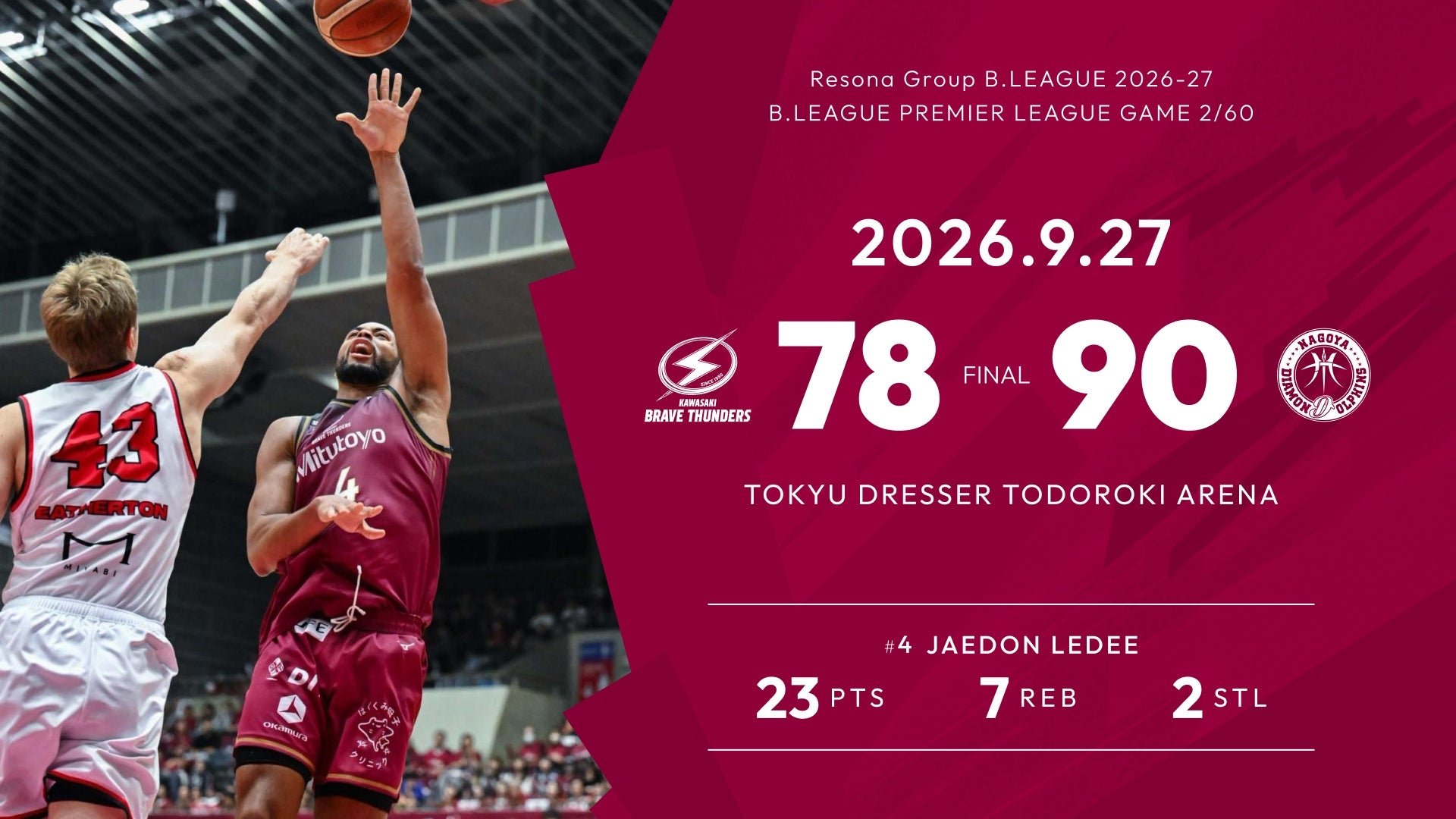 9/27 ●川崎 78-90 名古屋D○ りそなグループB.LEAGUE 2026-27 B.LEAGUE PREMIER リーグ戦 GAME2/60