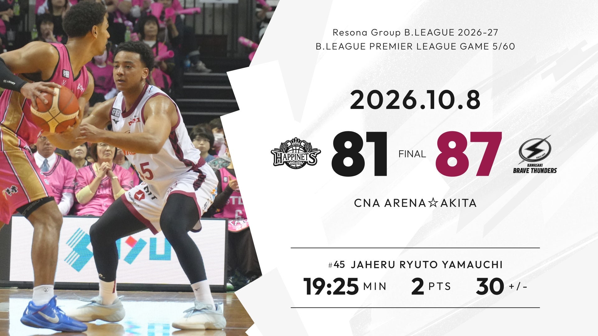 10/8 ●秋田 81-87 川崎○ りそなグループB.LEAGUE 2026-27 B.LEAGUE PREMIER リーグ戦 GAME5/60