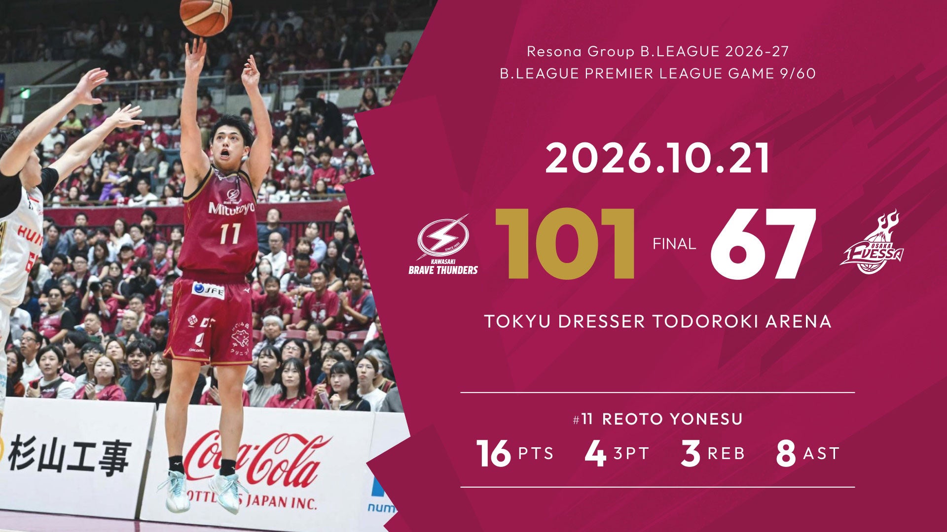 10/21 ○川崎 101-67 大阪● りそなグループB.LEAGUE 2026-27 B.LEAGUE PREMIER リーグ戦 GAME9/60